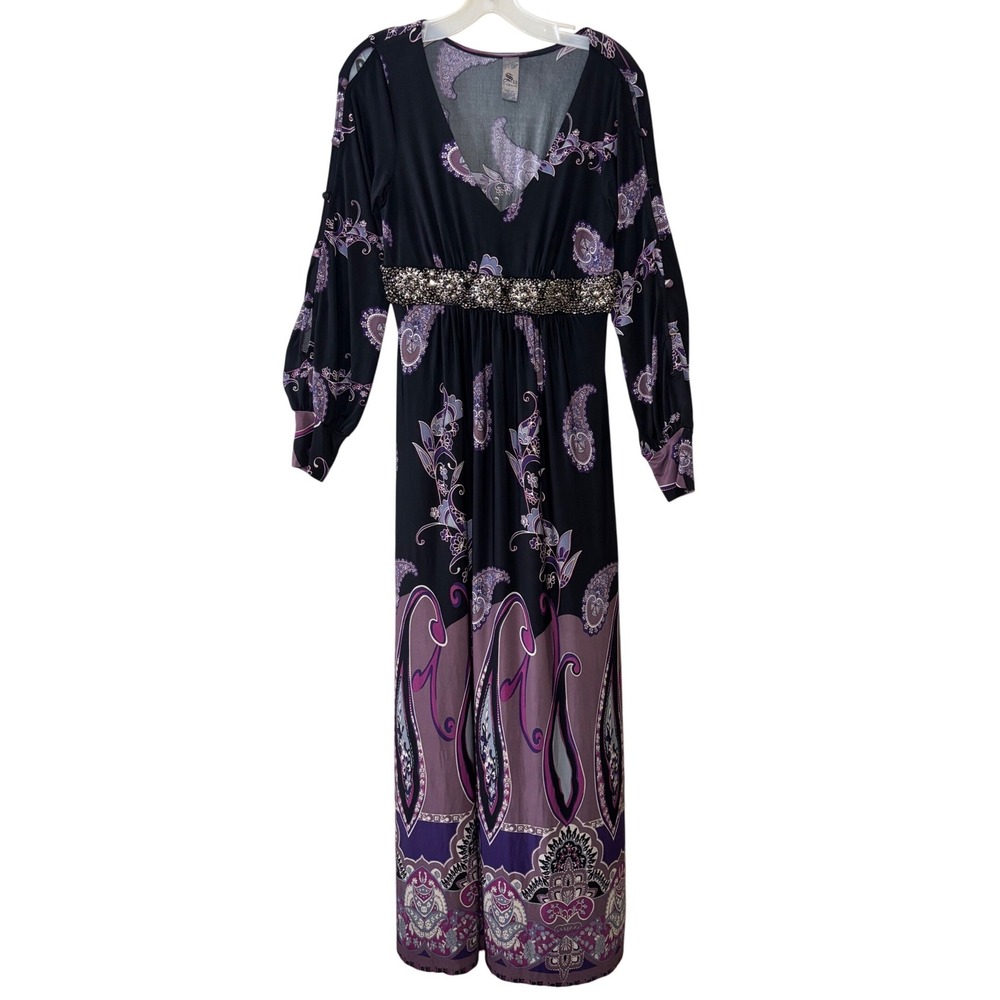 S-Twelve Purple Paisley Maxi Dress Size M Boho Beaded Empire Waist Cold Shoulder